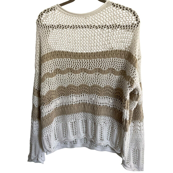 Beach Lunch Lounge Collection Womens Medium Cream Tan Striped Sweater Open Knit - Picture 2 of 9